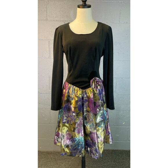 Vintage 1980s Prom Dress Black Velour Floral Metallic Chiffon Skirt Small Med - Picture 1 of 10